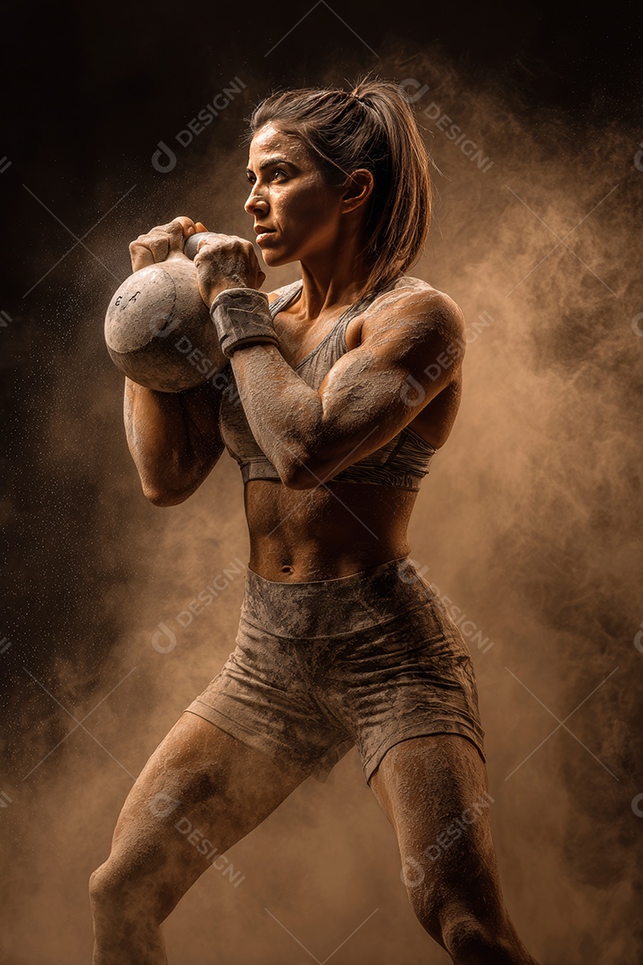 Retrato realista de mulher fazendo exercício físico em uma academia.