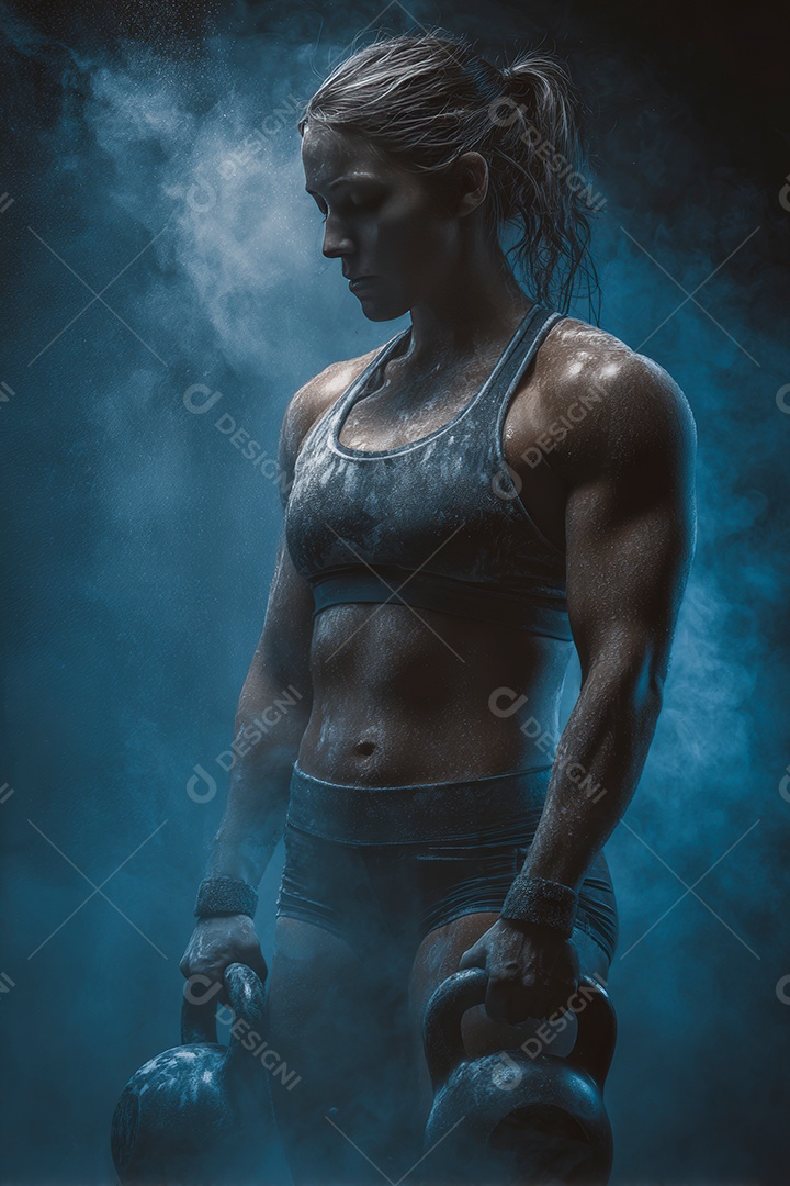 Retrato realista de mulher fazendo exercício físico em uma academia.