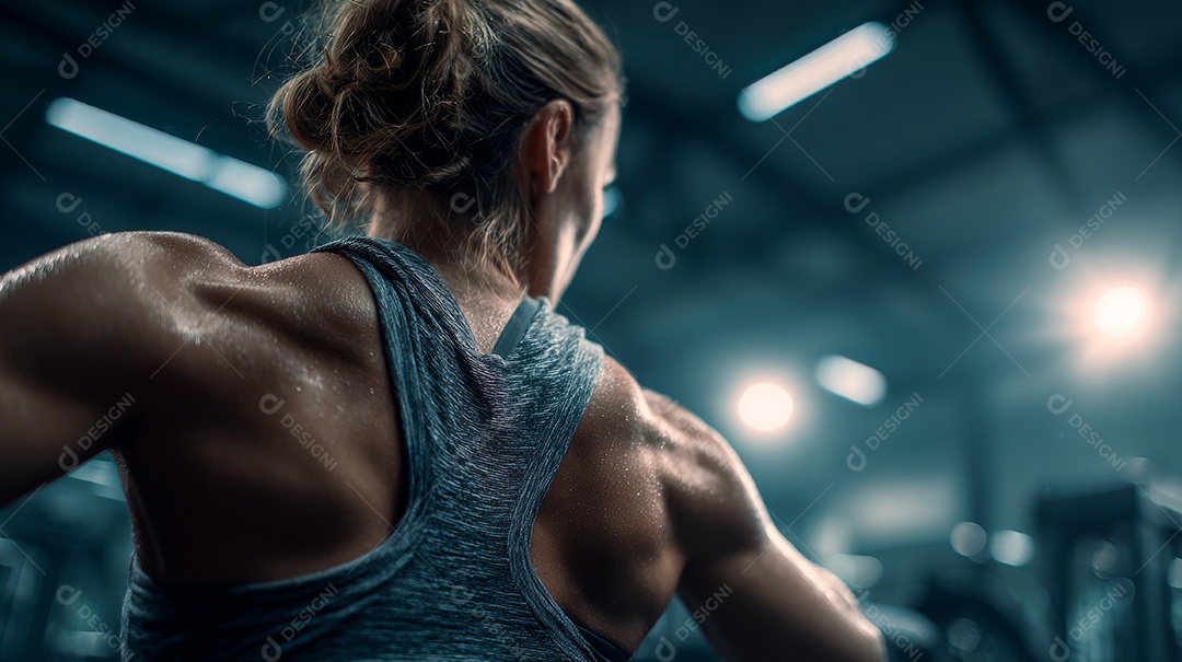 Retrato realista de mulher fazendo exercício físico em uma academia.