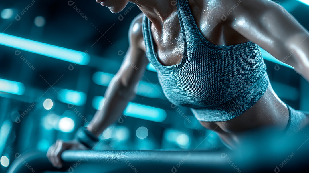 Retrato realista de mulher fazendo exercício físico em uma academia.