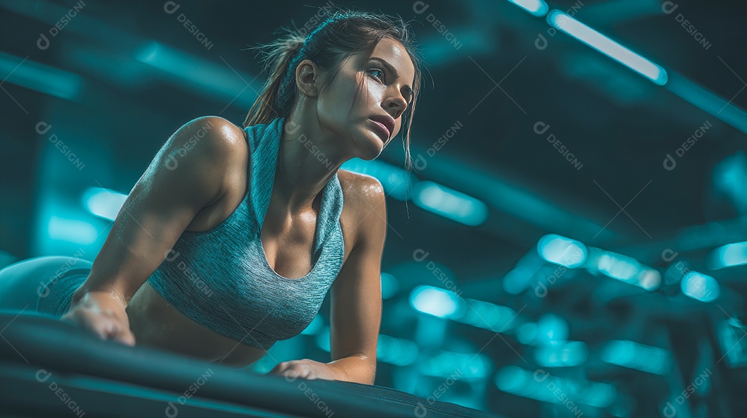 Retrato realista de mulher fazendo exercício físico em uma academia.