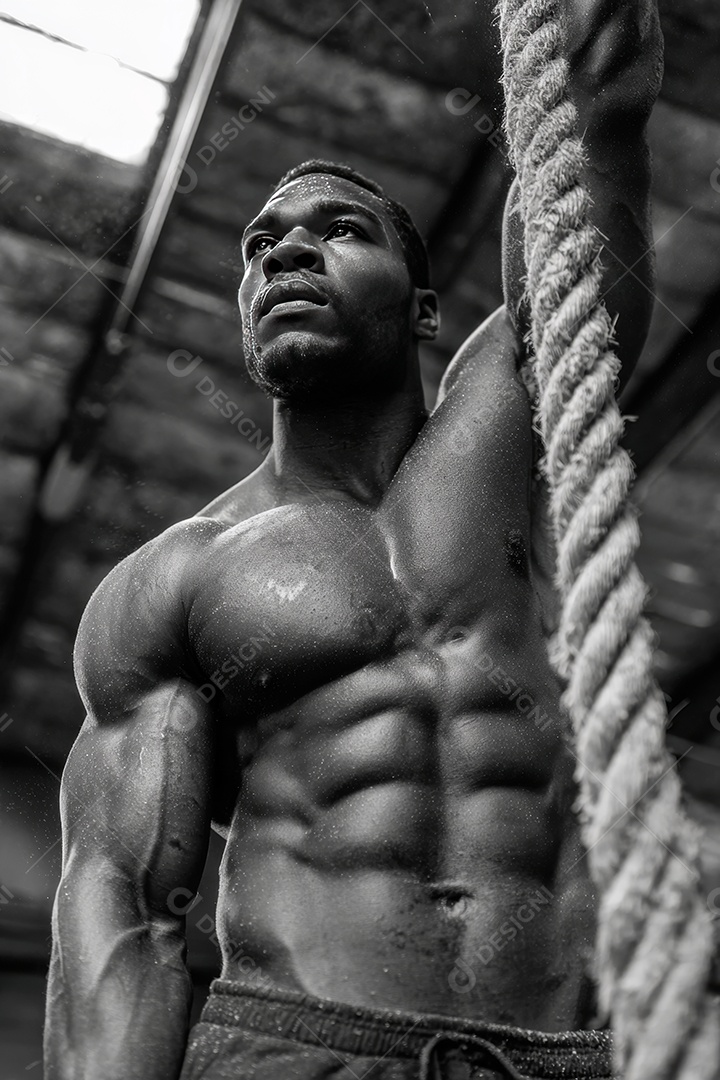 Retrato realista de homem fazendo exercício físico em uma academia.