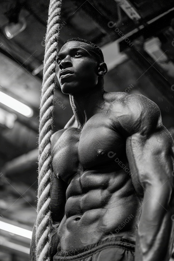 Retrato realista de homem fazendo exercício físico em uma academia.