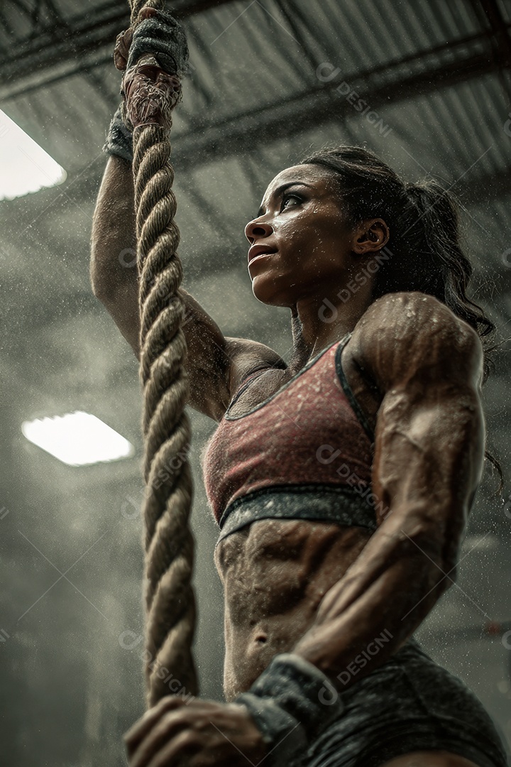 Retrato realista de mulher fazendo exercício físico em uma academia.