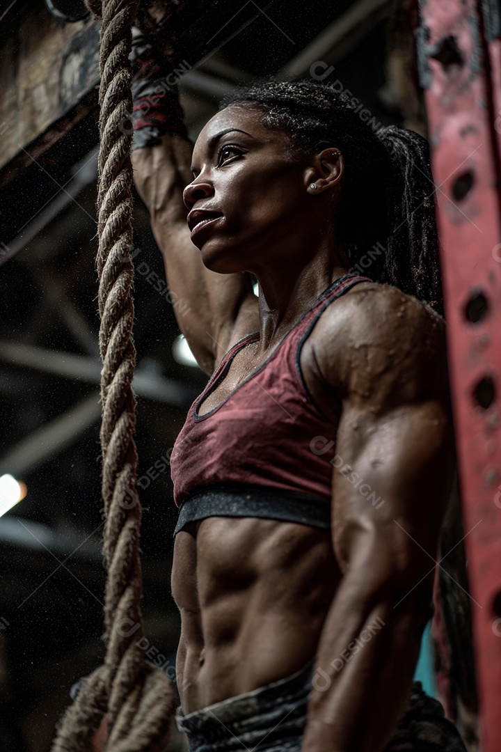 Retrato realista de mulher fazendo exercício físico em uma academia.