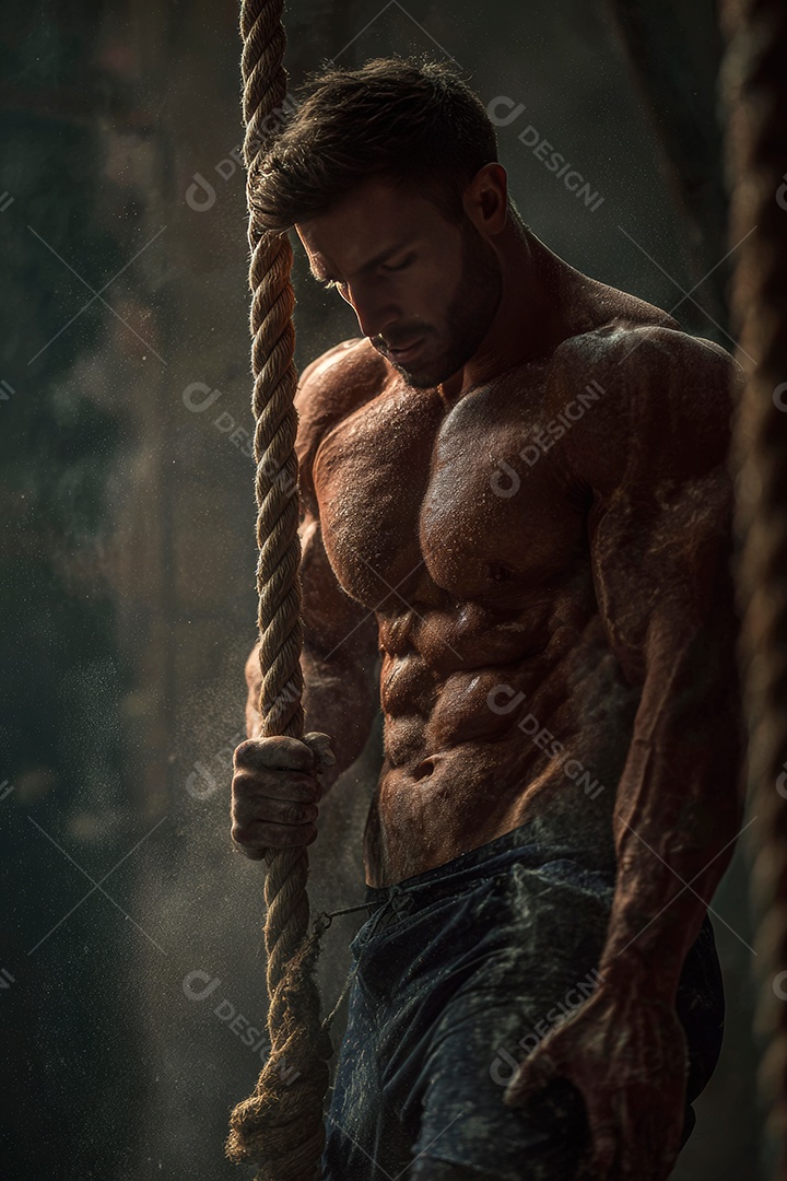 Retrato realista de homem fazendo exercício físico em uma academia.