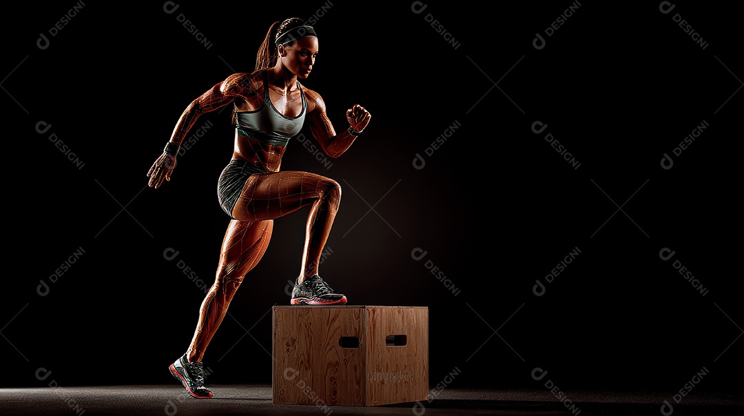 Retrato realista de mulher fazendo exercício físico em uma academia.