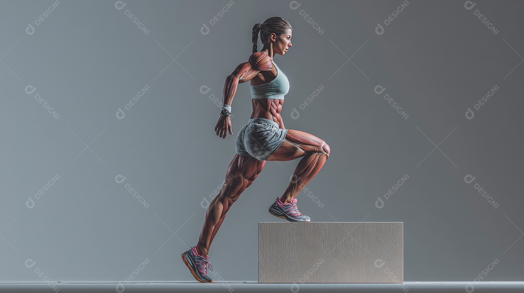 Retrato realista de mulher fazendo exercício físico em uma academia.