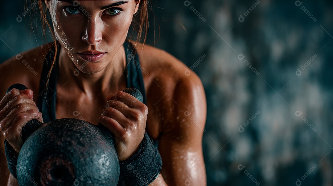 Retrato realista de mulher fazendo exercício físico em uma academia.