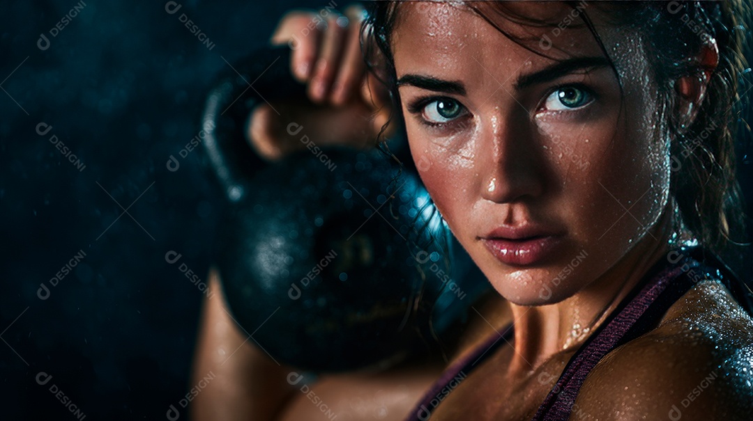 Retrato realista de mulher fazendo exercício físico em uma academia.