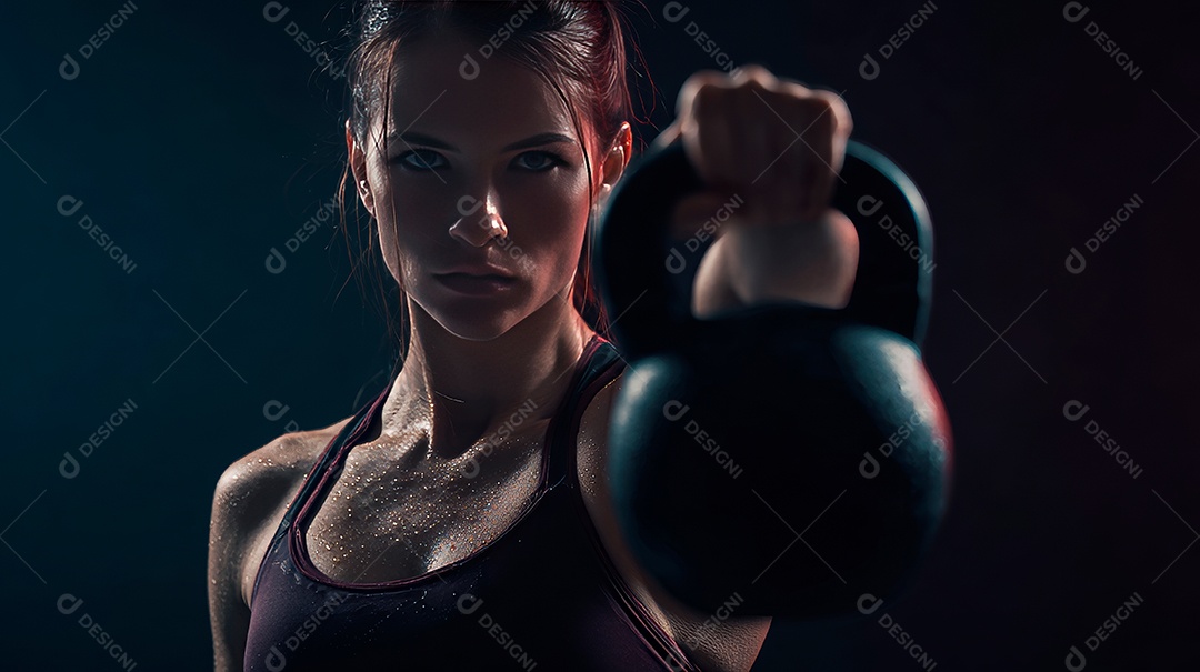 Retrato realista de mulher fazendo exercício físico em uma academia.