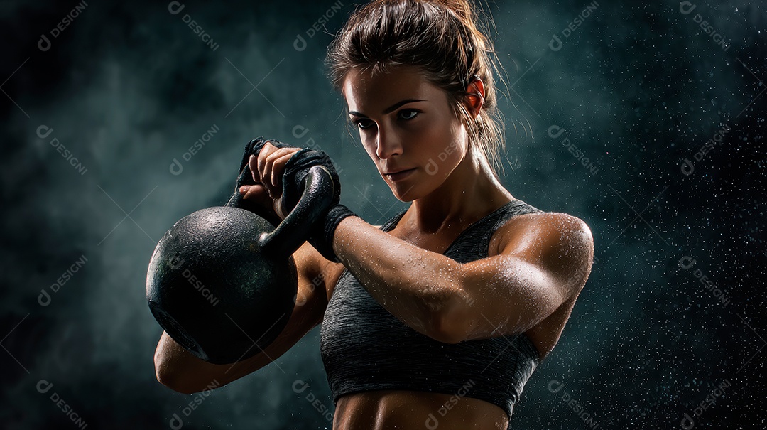 Retrato realista de mulher fazendo exercício físico em uma academia.