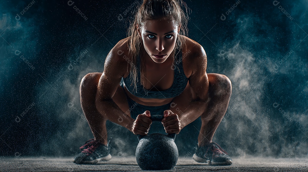 Retrato realista de mulher fazendo exercício físico em uma academia.