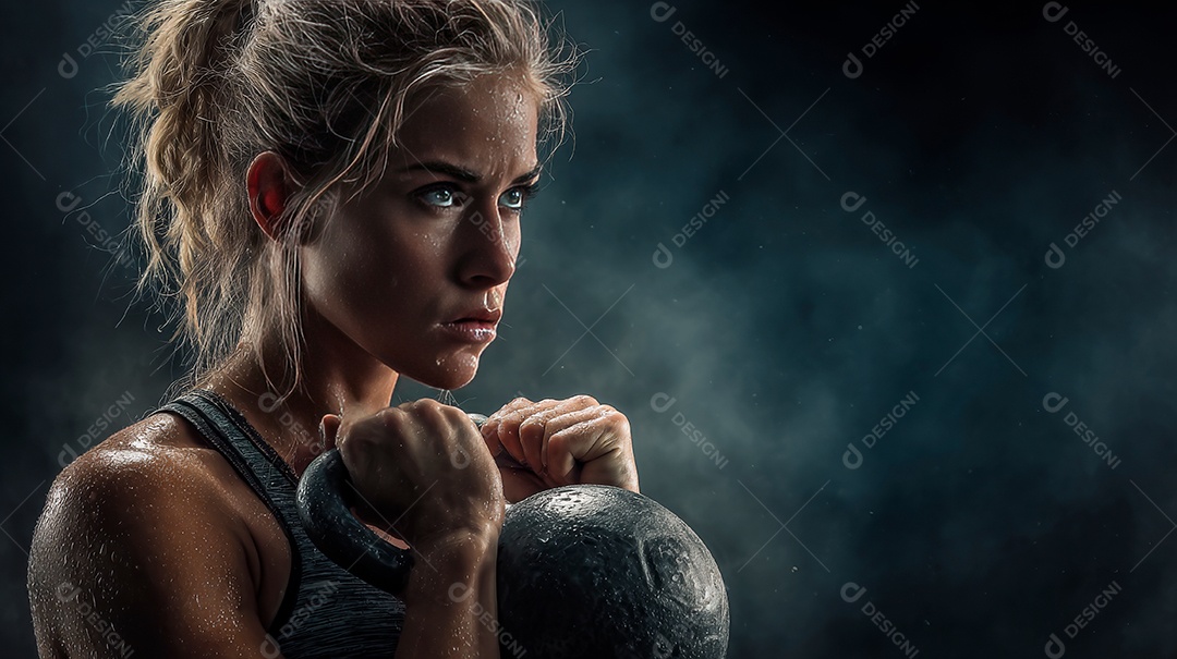 Retrato realista de mulher fazendo exercício físico em uma academia.