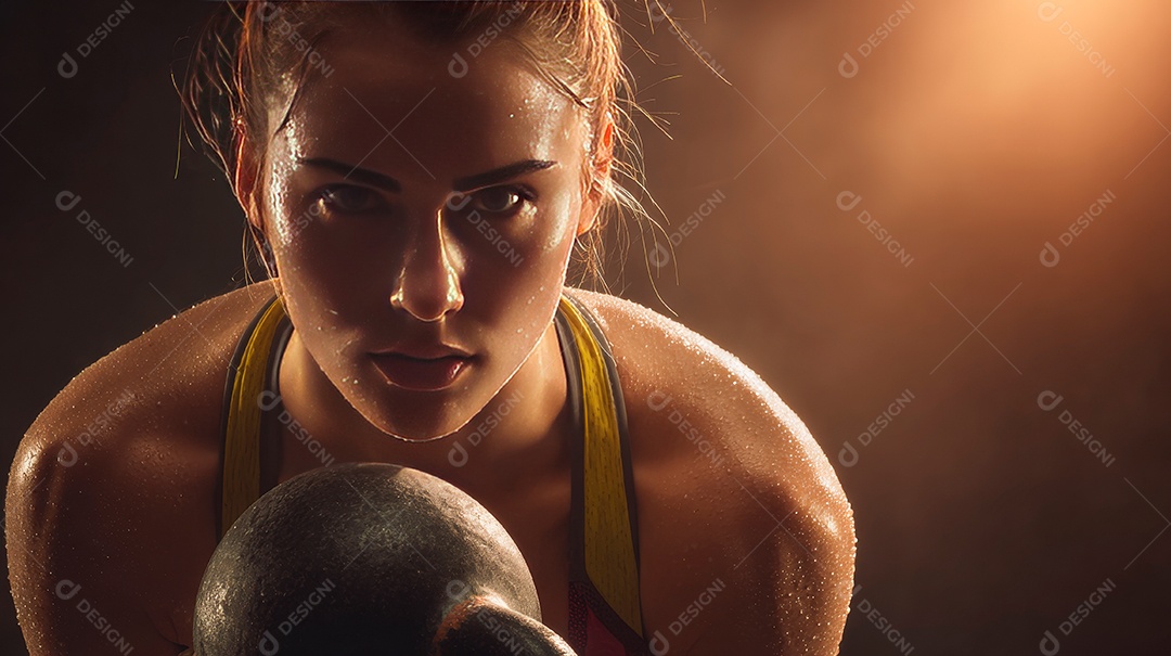 Retrato realista de mulher fazendo exercício físico em uma academia.