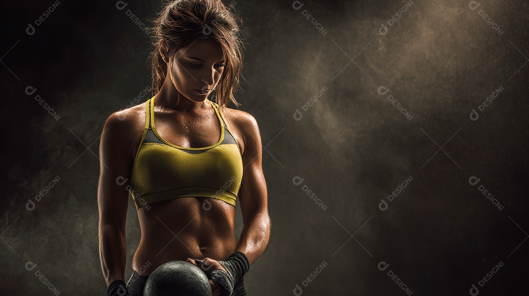 Retrato realista de mulher fazendo exercício físico em uma academia.