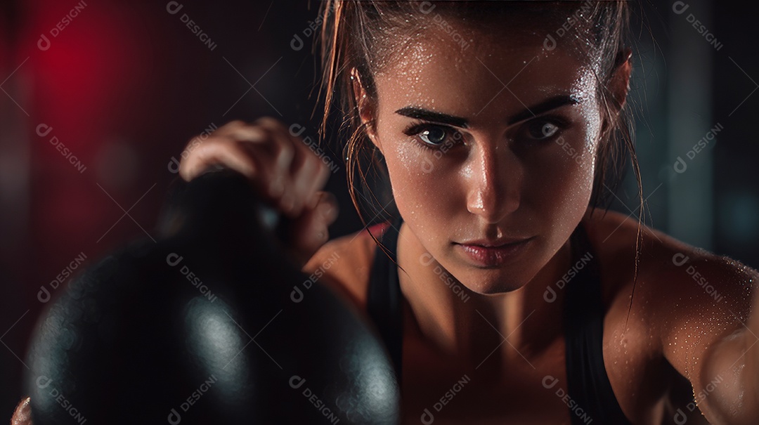 Retrato realista de mulher fazendo exercício físico em uma academia.