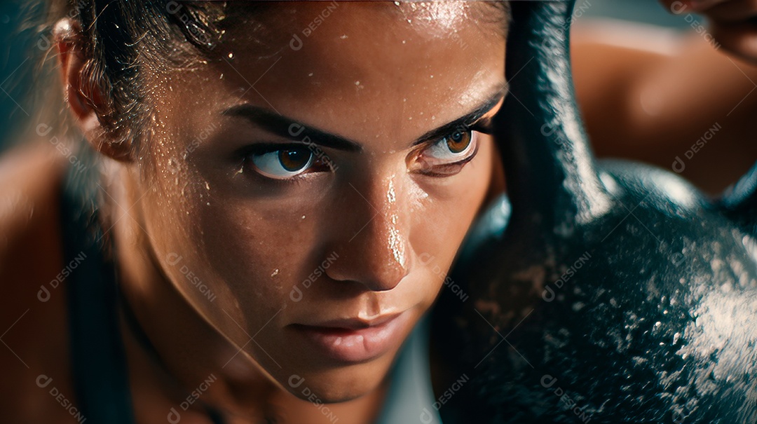 Retrato realista de mulher fazendo exercício físico em uma academia.