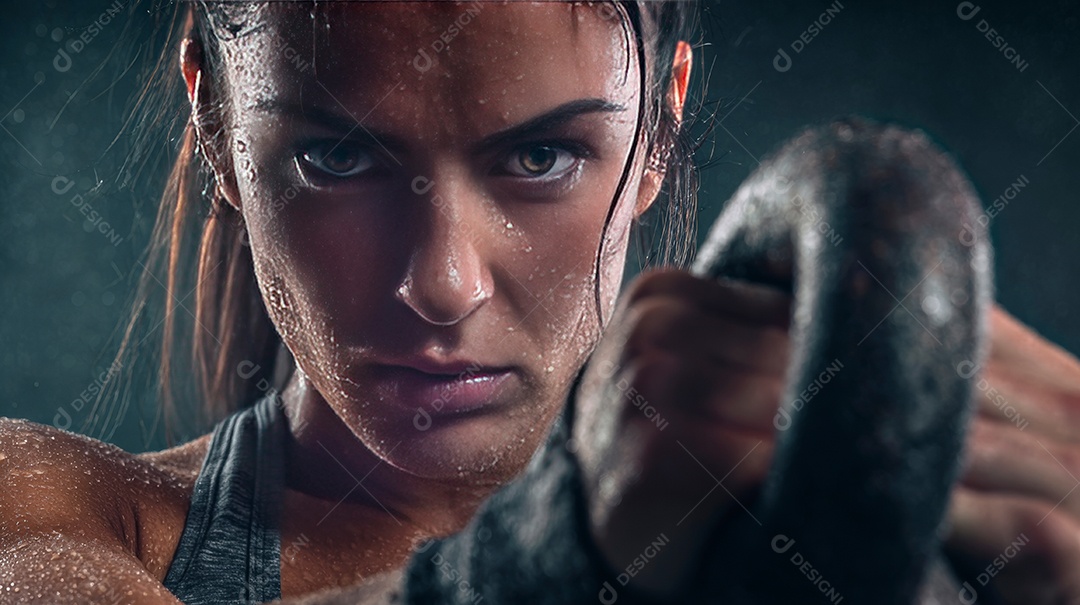 Retrato realista de mulher fazendo exercício físico em uma academia.