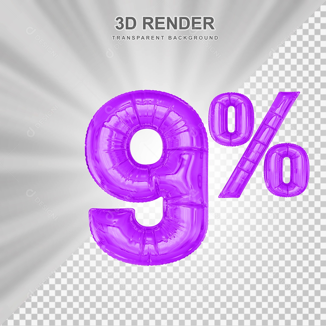 Balão Roxo Número de Desconto 9% Elemento 3D para Composição PSD