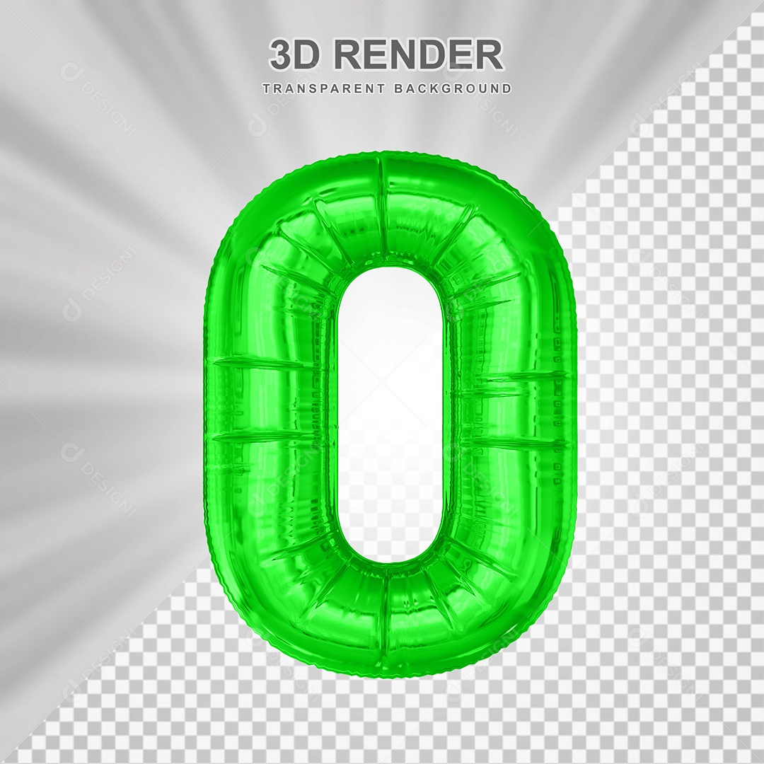 Balão Número 0 Verde Elemento 3D para Composição PSD