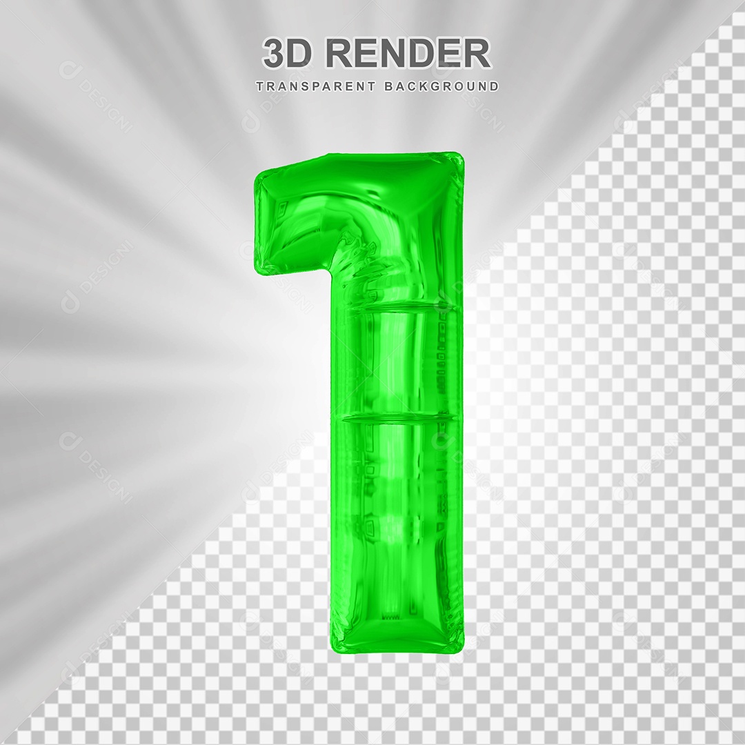 Balão Número 1 Verde Elemento 3D para Composição PSD