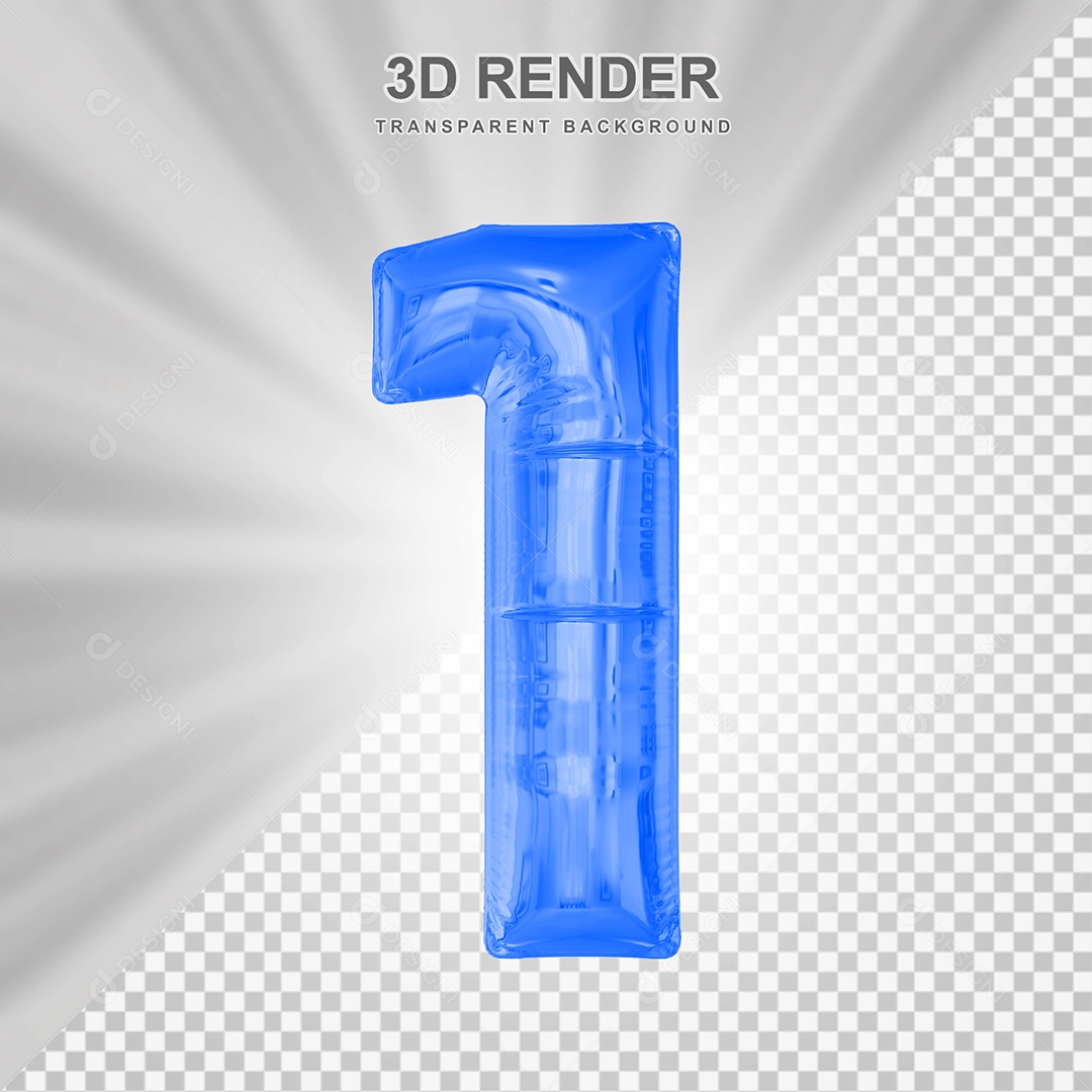 Balão Número 1 Azul Elemento 3D para Composição PSD