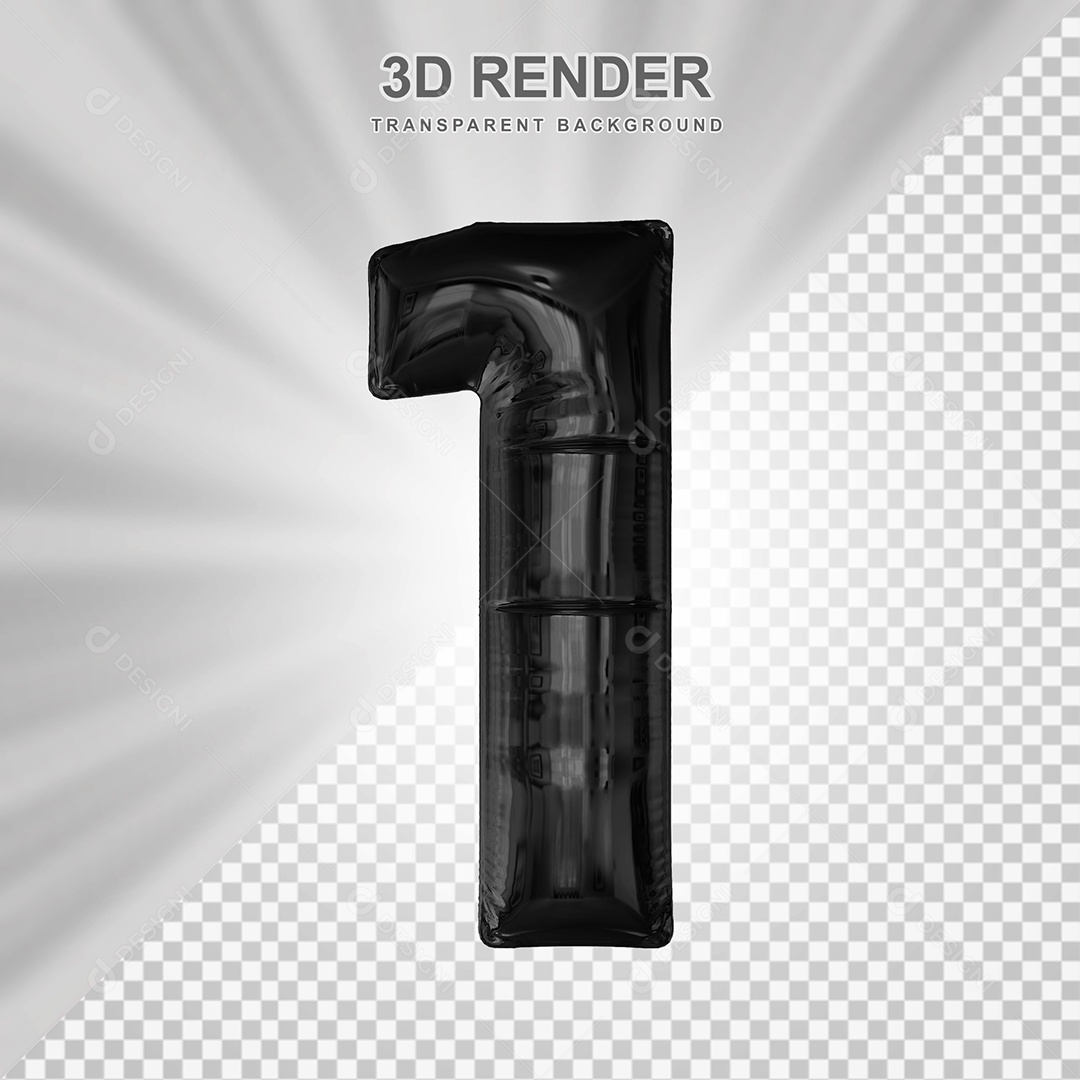 Balão Número 1 Preto Elemento 3D para Composição PSD
