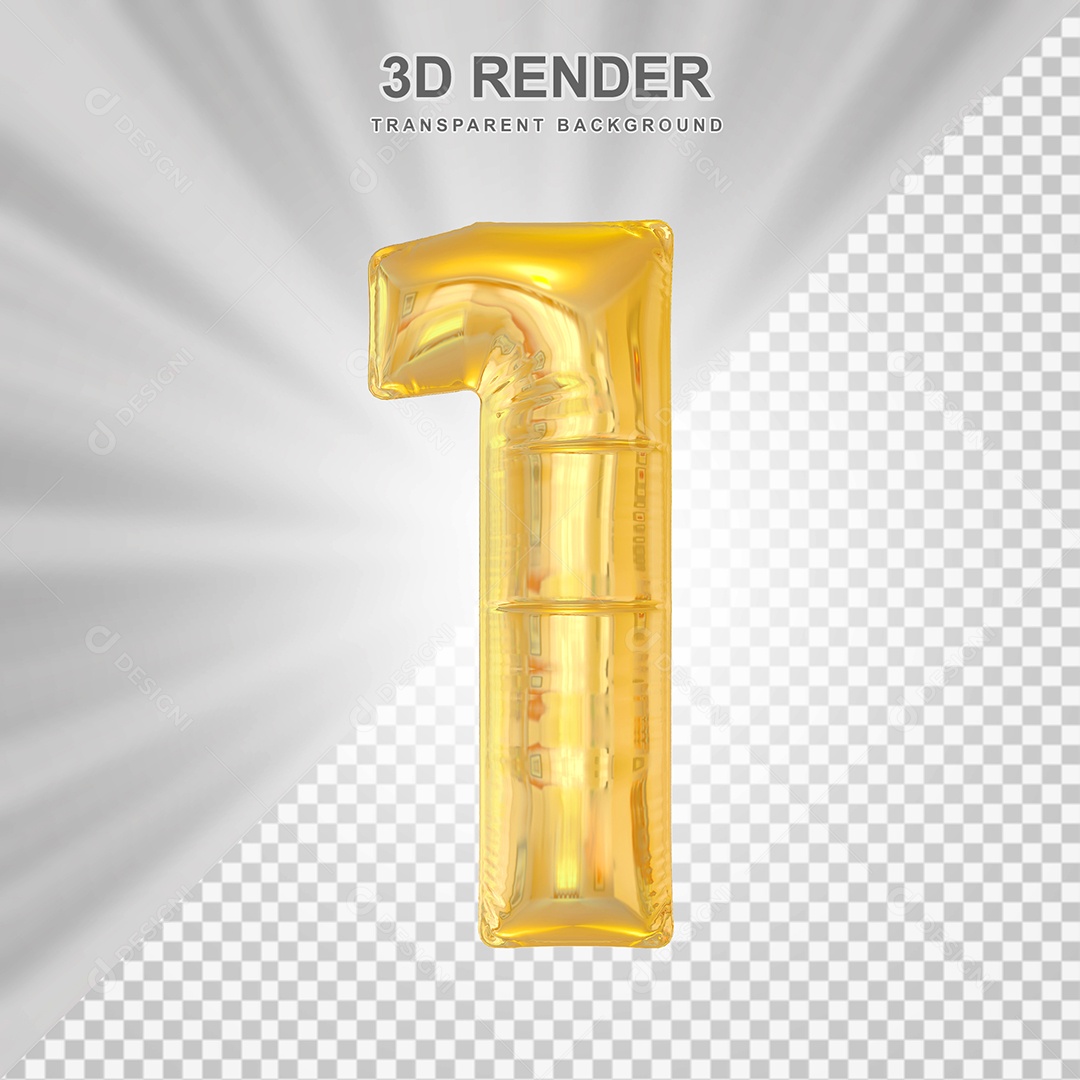 Balão Número 1 Dourado Elemento 3D para Composição PSD