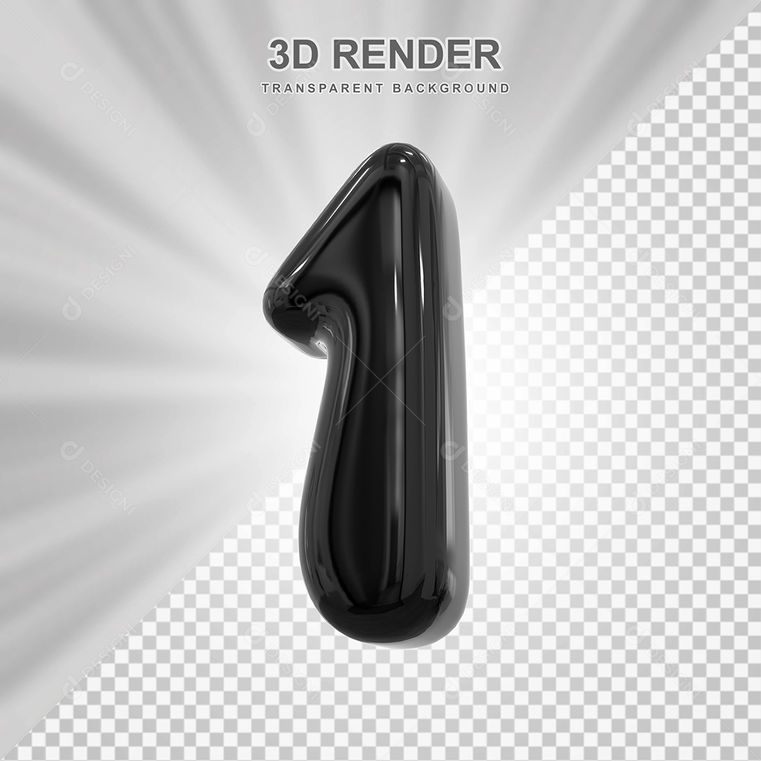 Número 1 Preto Elemento 3D para Composição PSD
