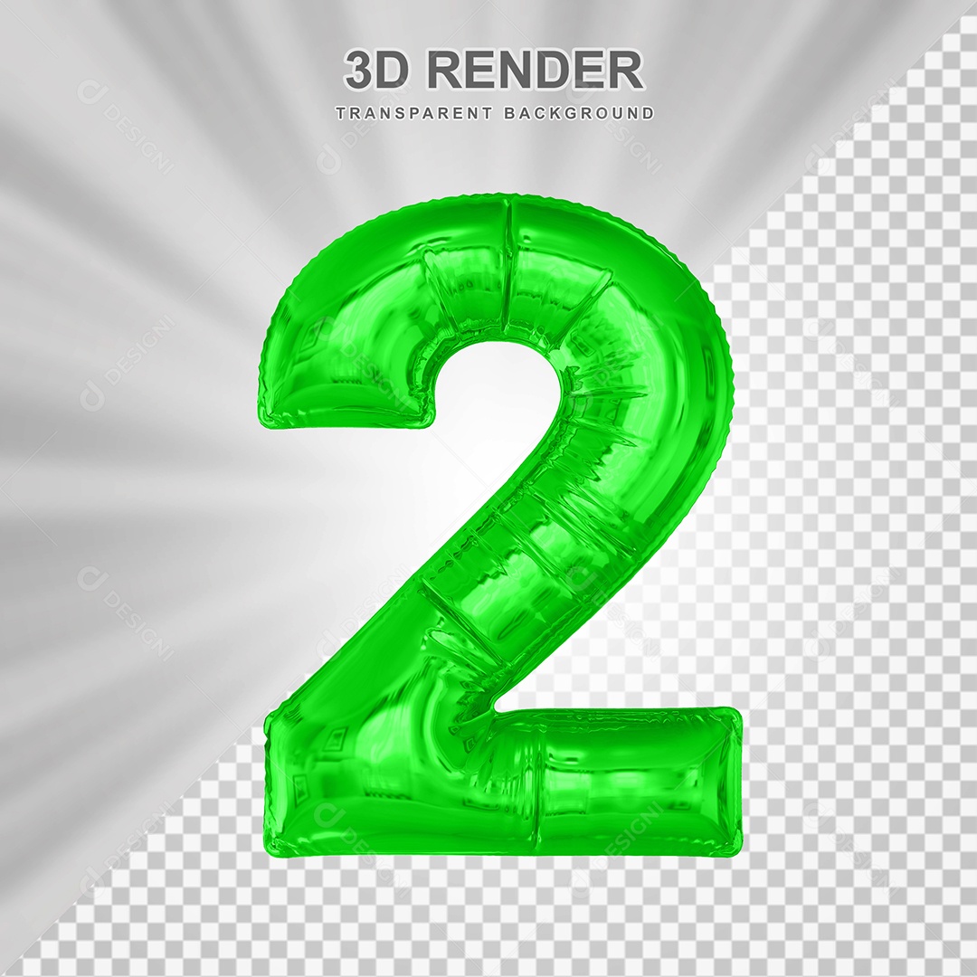 Balão Número 2 Verde Elemento 3D para Composição PSD
