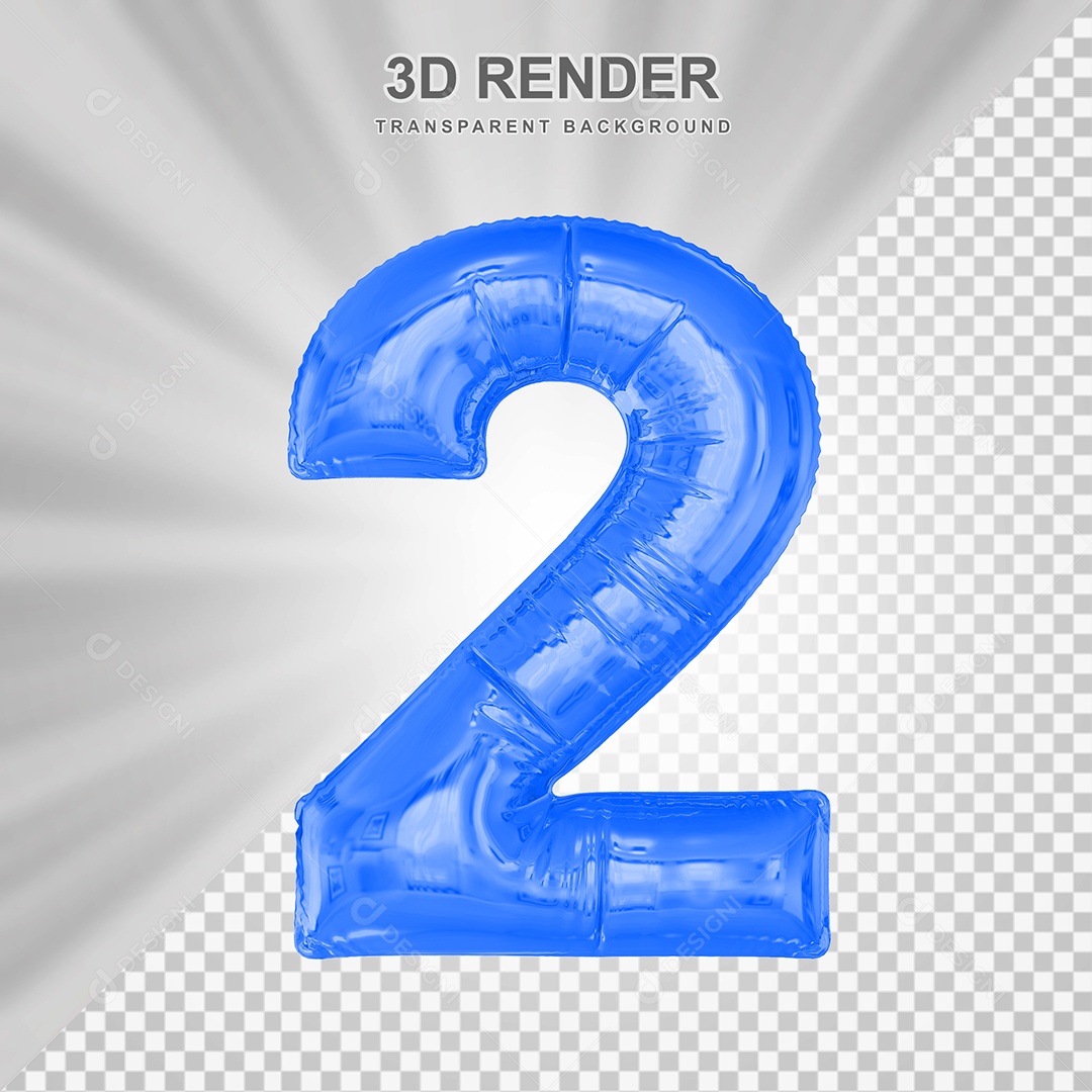 Balão Número 2 Azul Elemento 3D para Composição PSD