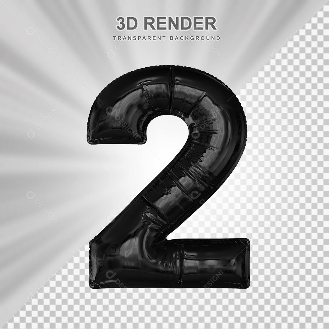 Balão Número 2 Preto Elemento 3D para Composição PSD