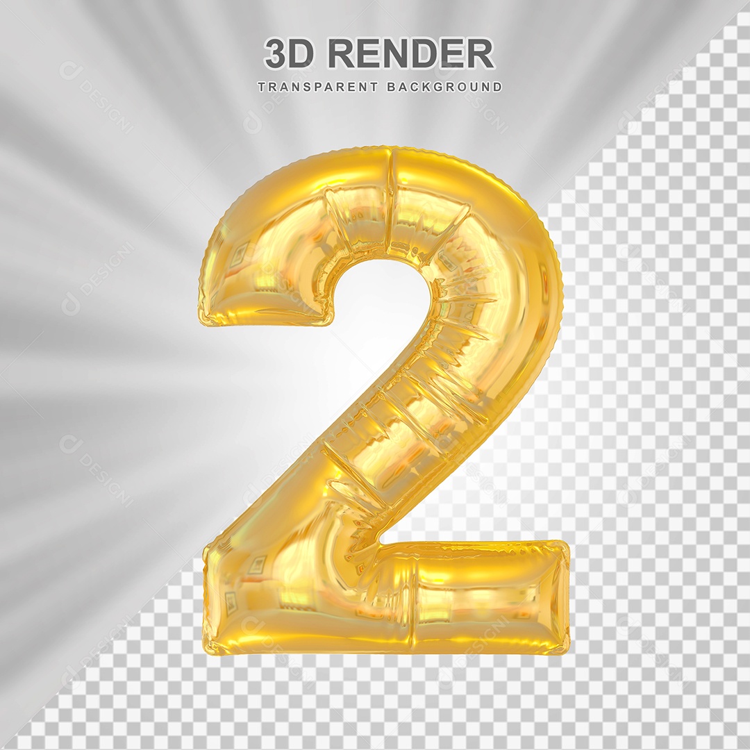 Balão Número 2 Dourado Elemento 3D para Composição PSD