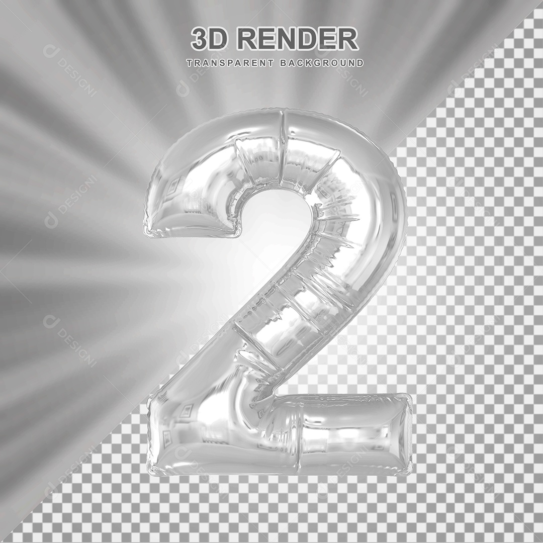 Balão Número 2 Cinza Elemento 3D para Composição PSD