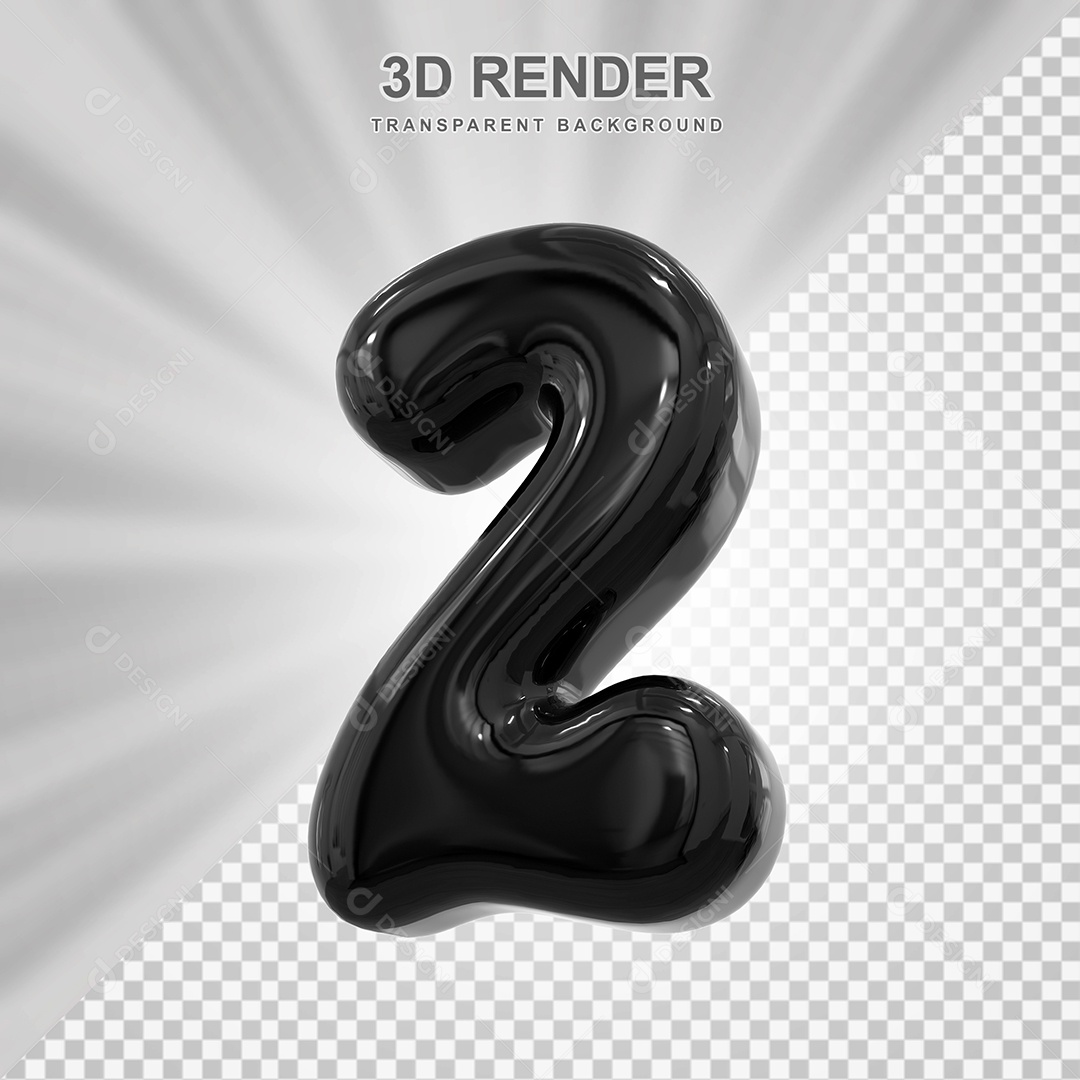 Número 2 Preto Elemento 3D para Composição PSD