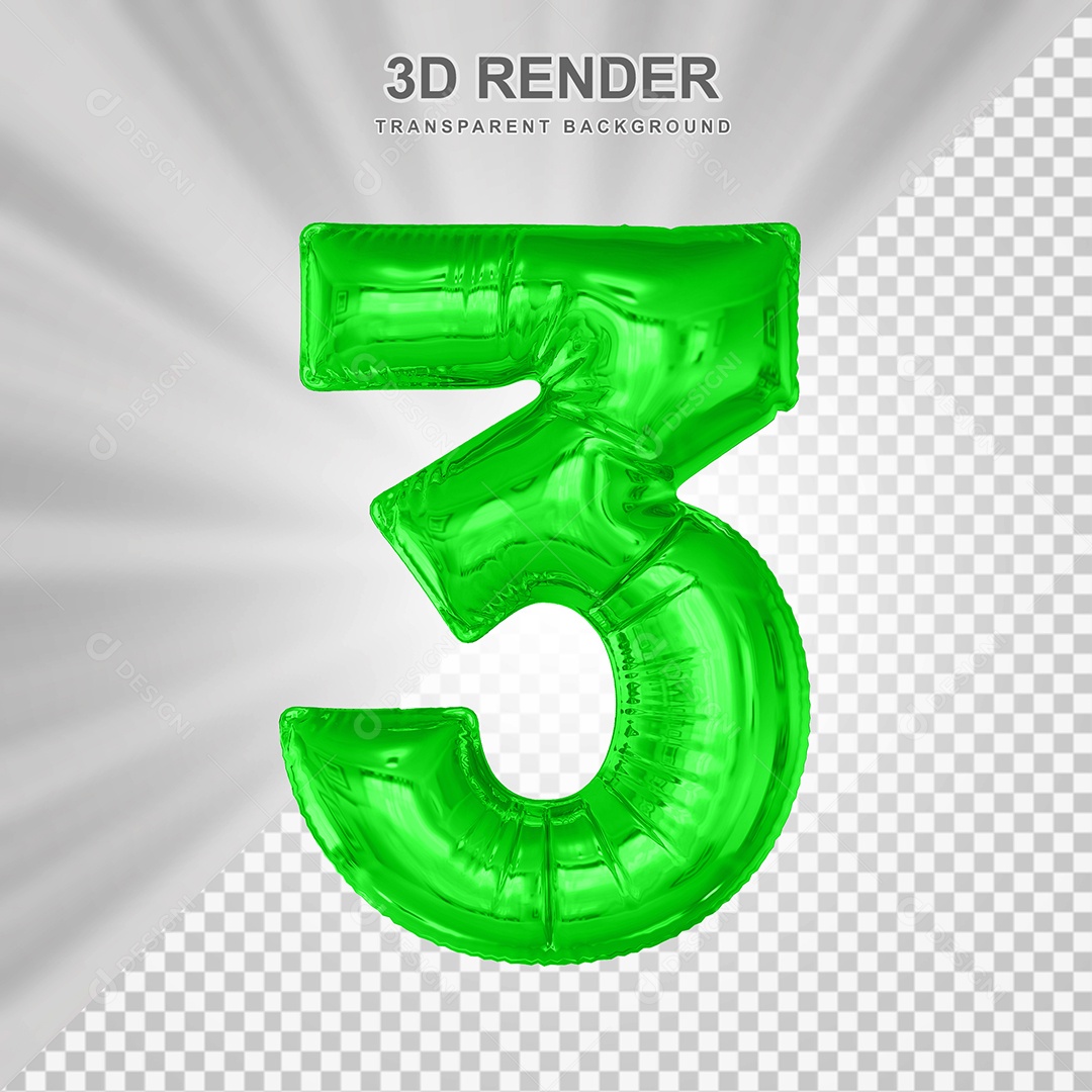 Balão Número 3 Verde Elemento 3D para Composição PSD