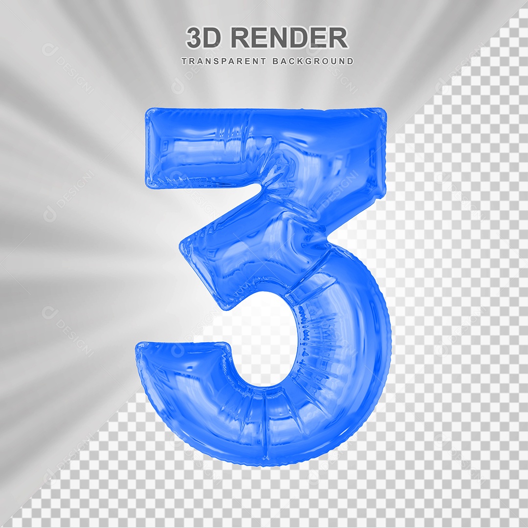 Balão Número 3 Azul Elemento 3D para Composição PSD