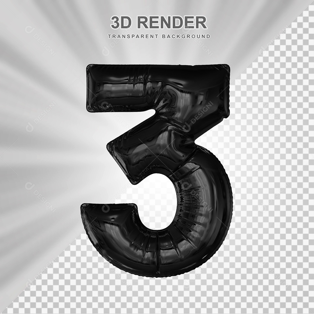 Balão Número 3 Preto Elemento 3D para Composição PSD