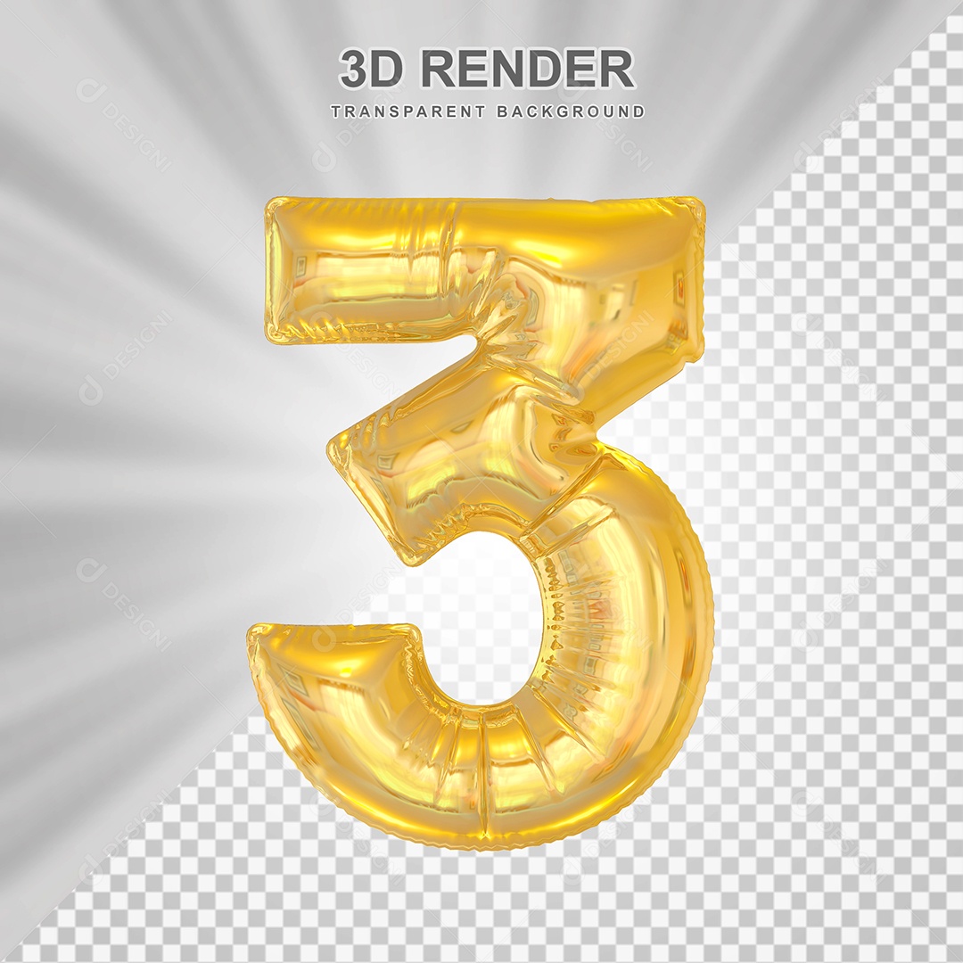 Balão Número 3 Dourado Elemento 3D para Composição PSD