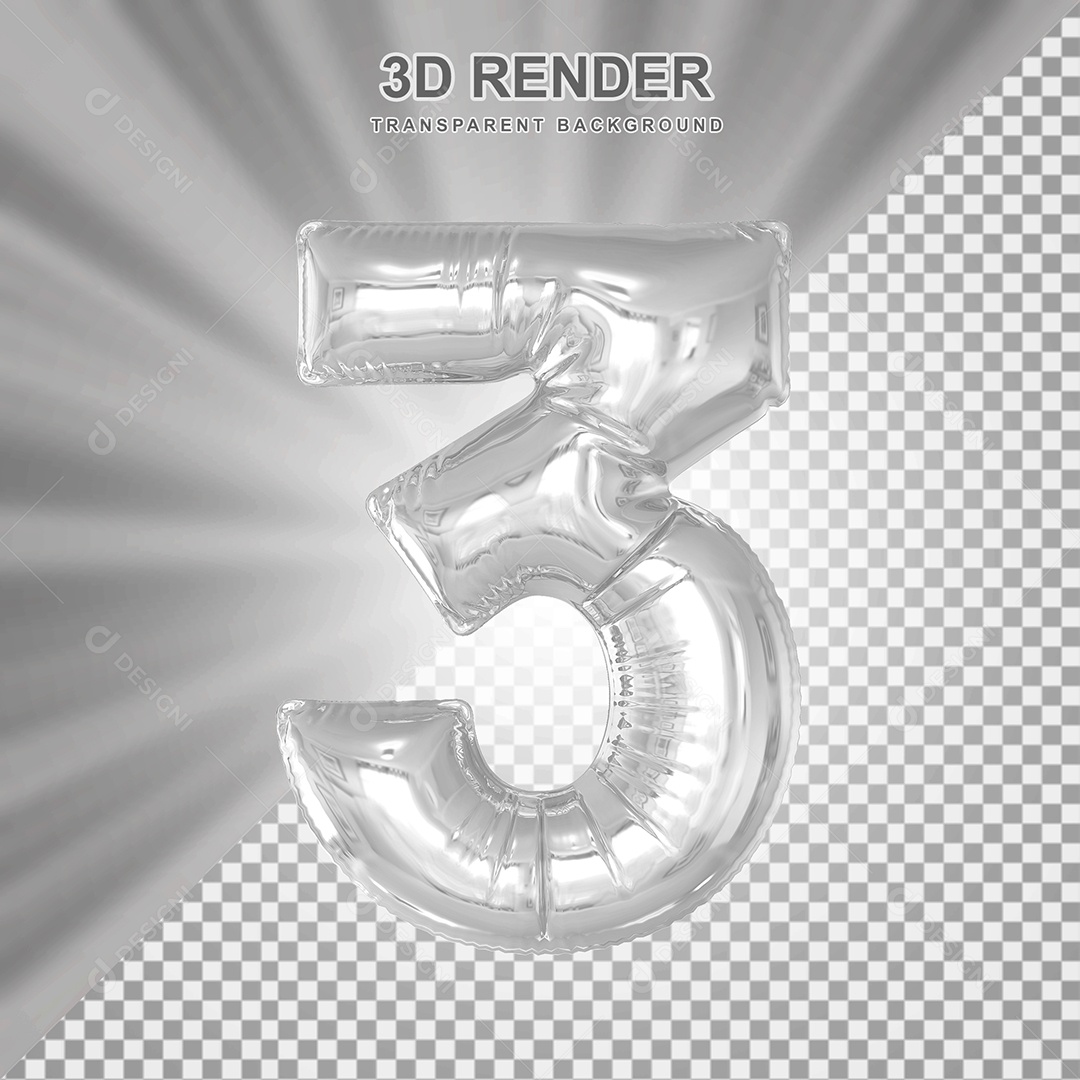 Balão Número 3 Cinza Elemento 3D para Composição PSD