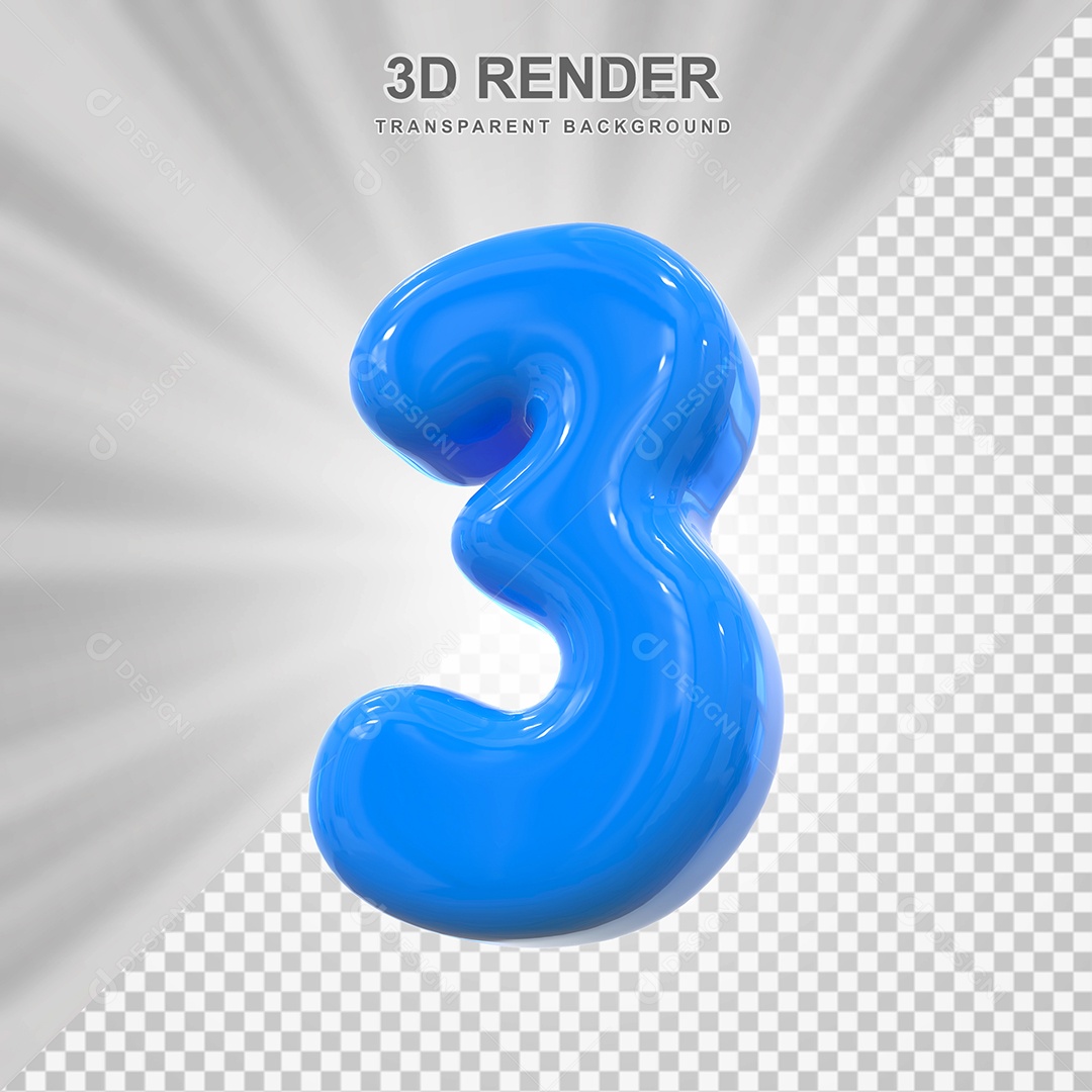 Número 3 Azul Elemento 3D para Composição PSD