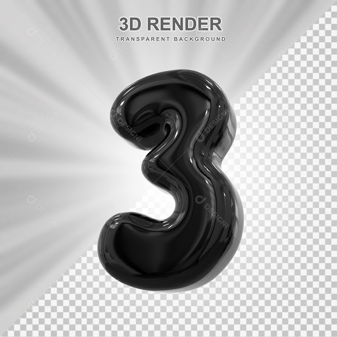 Número 3 Preto Elemento 3D para Composição PSD