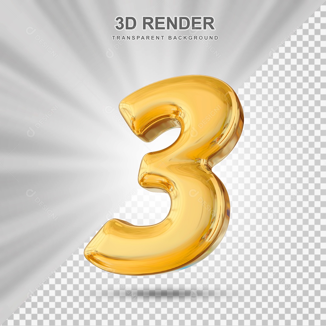 Número 3 Dourado Elemento 3D para Composição PSD