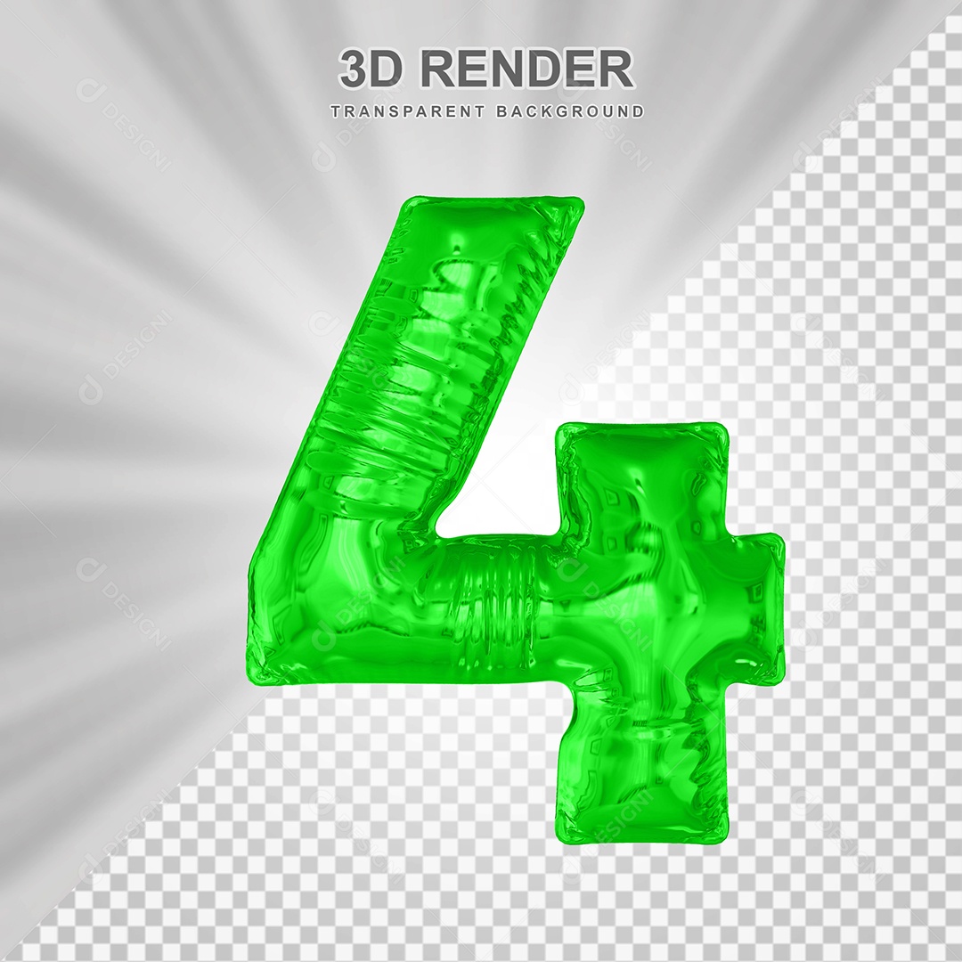 Balão Número 4 Verde Elemento 3D para Composição PSD