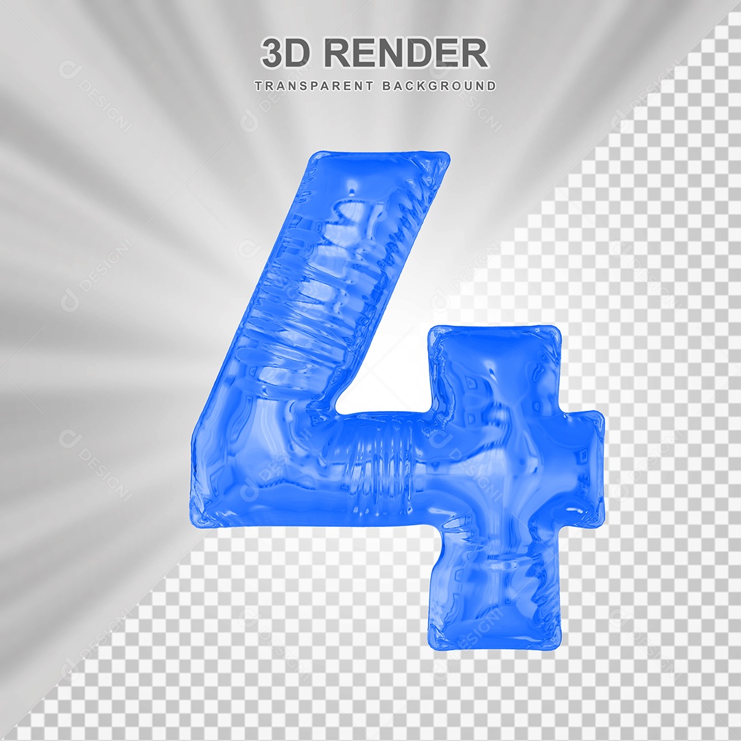 Balão Número 4 Azul Elemento 3D para Composição PSD