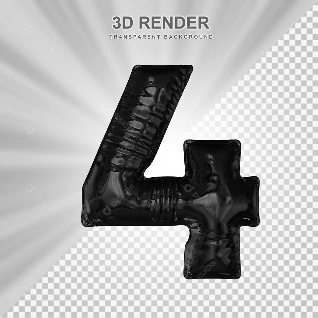 Balão Número 4 Preto Elemento 3D para Composição PSD