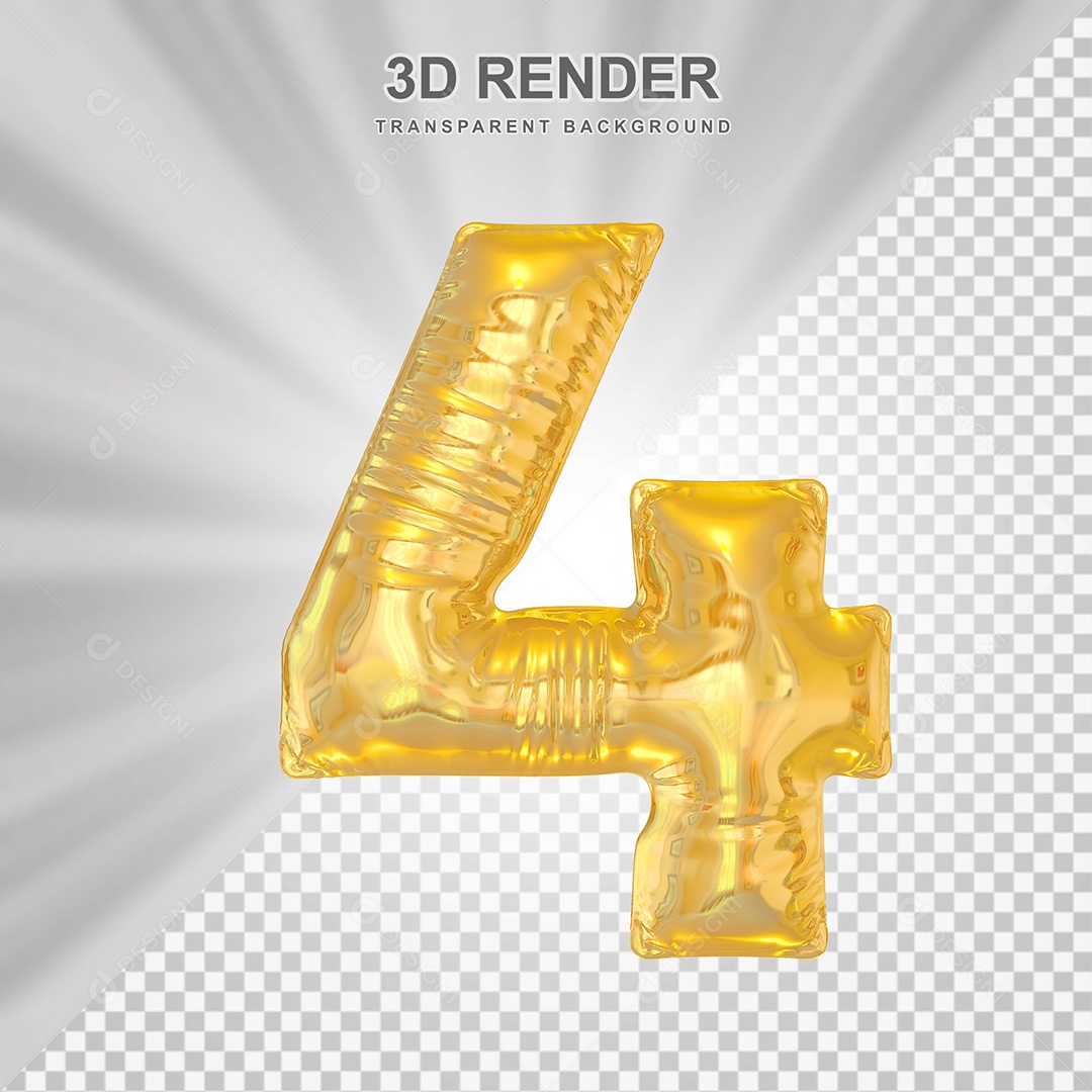 Balão Número 4 Dourado Elemento 3D para Composição PSD