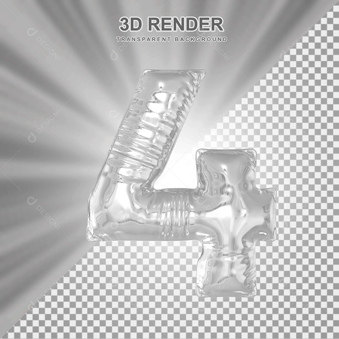 Balão Número 4 Cinza Elemento 3D para Composição PSD