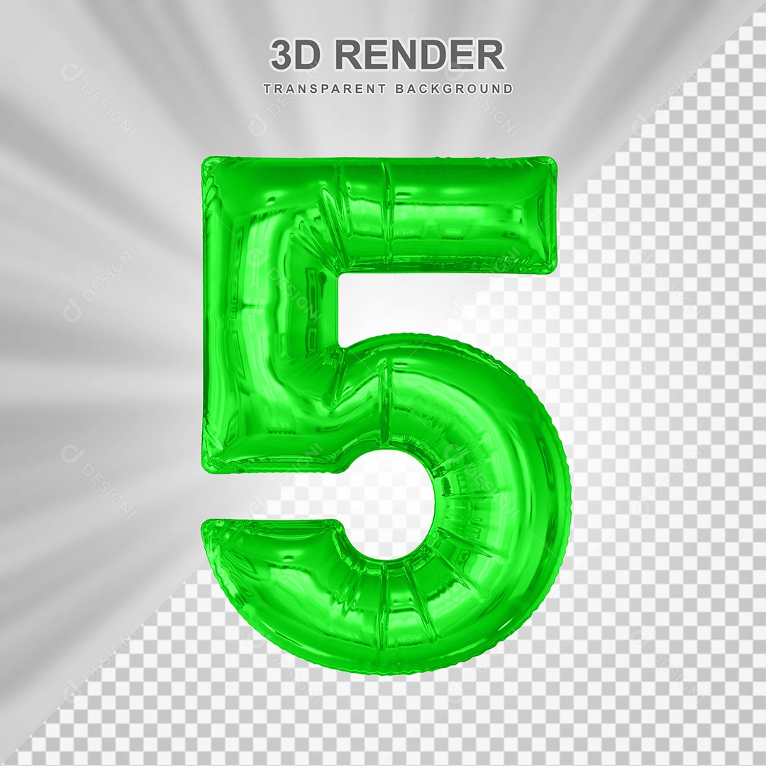 Balão Número 5 Verde Elemento 3D para Composição PSD